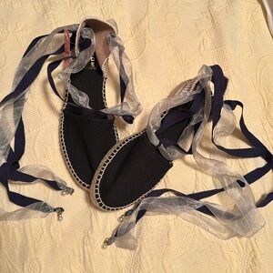 Hand Made the Brand cute Blue Espadrilles, ribbon ties, pearl accents sz 38/ 8
